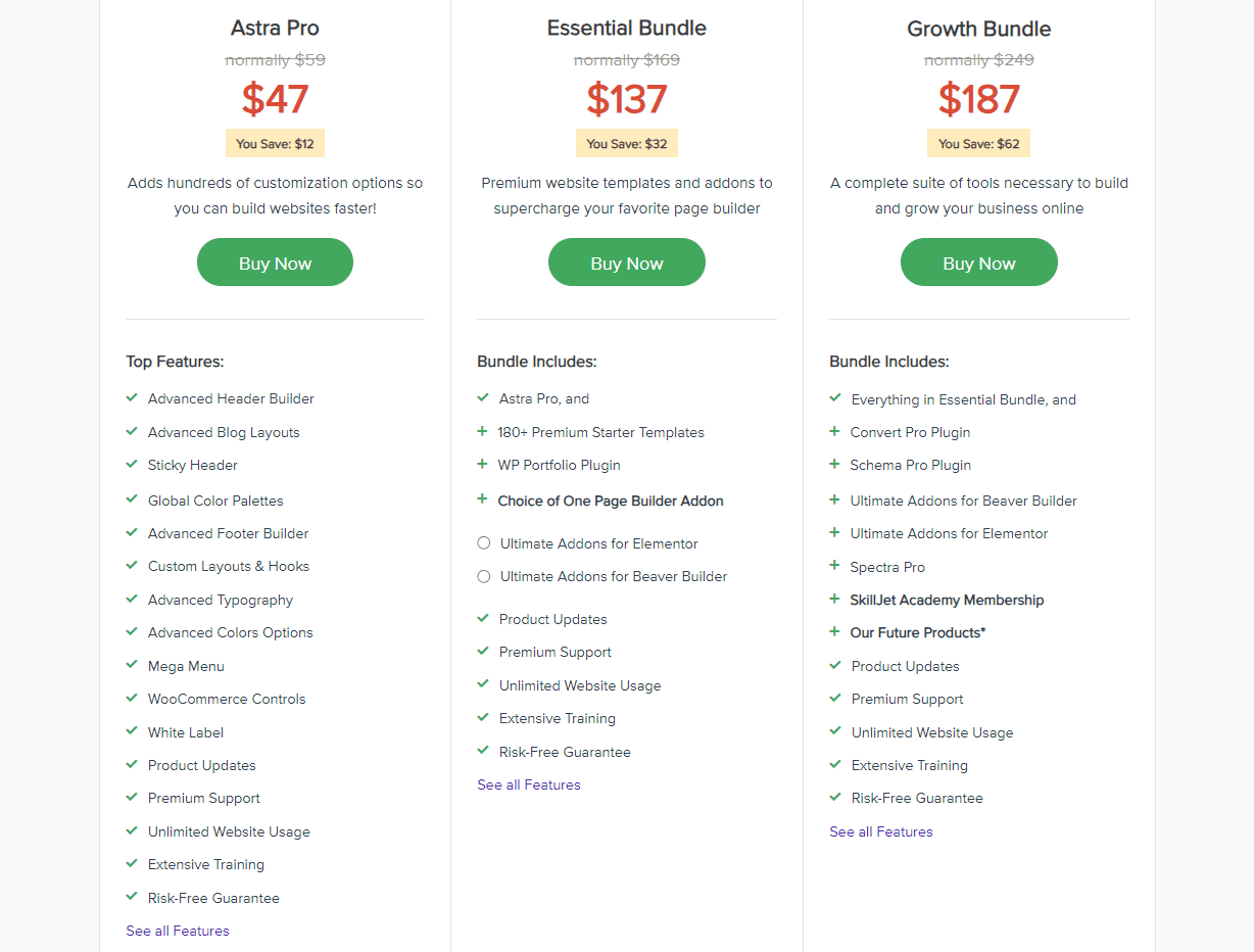 Astra theme pricing